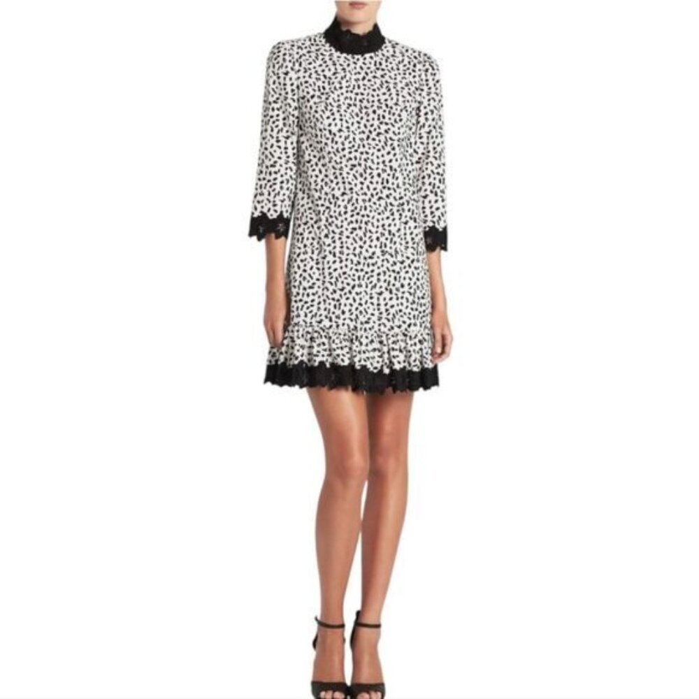 Rebecca Taylor La Voe Jaguar Print Dress in Sand‎ White Black Eyelet Size Small